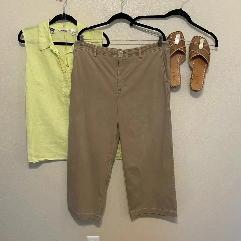 J Jill Wide Leg Cotton Cropped Pants Size 14 Brown Beach Coastal Grandma Natural